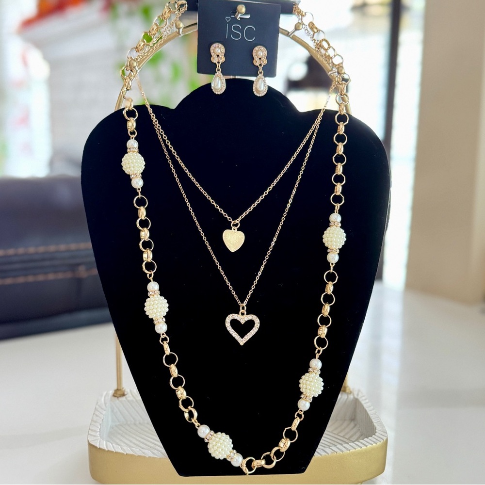 Gold and Faux Pearl Earrings & Layered Necklace Set
